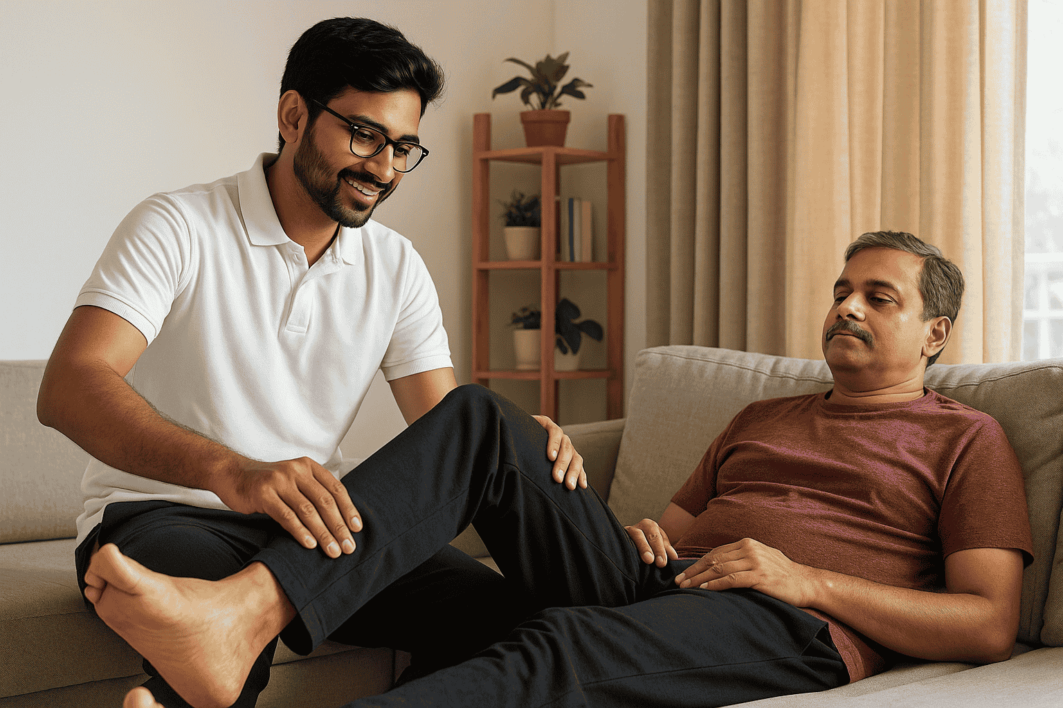 Professional physiotherapist providing treatment at home